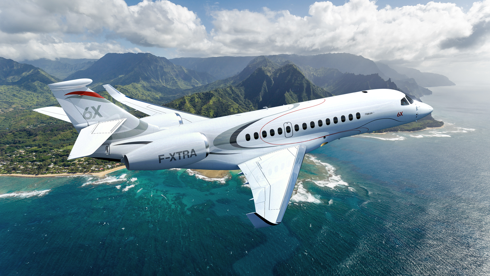 Falcon 6X flies over tropical water with mountains in the background.