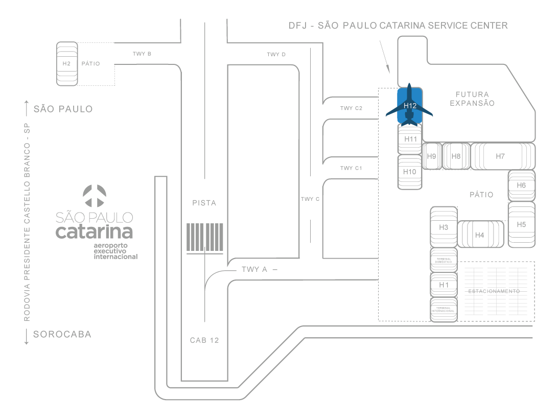 Line drawing of the sao paulo catarina airport highlighting the location of the Dassault Falcon Jet MRO.