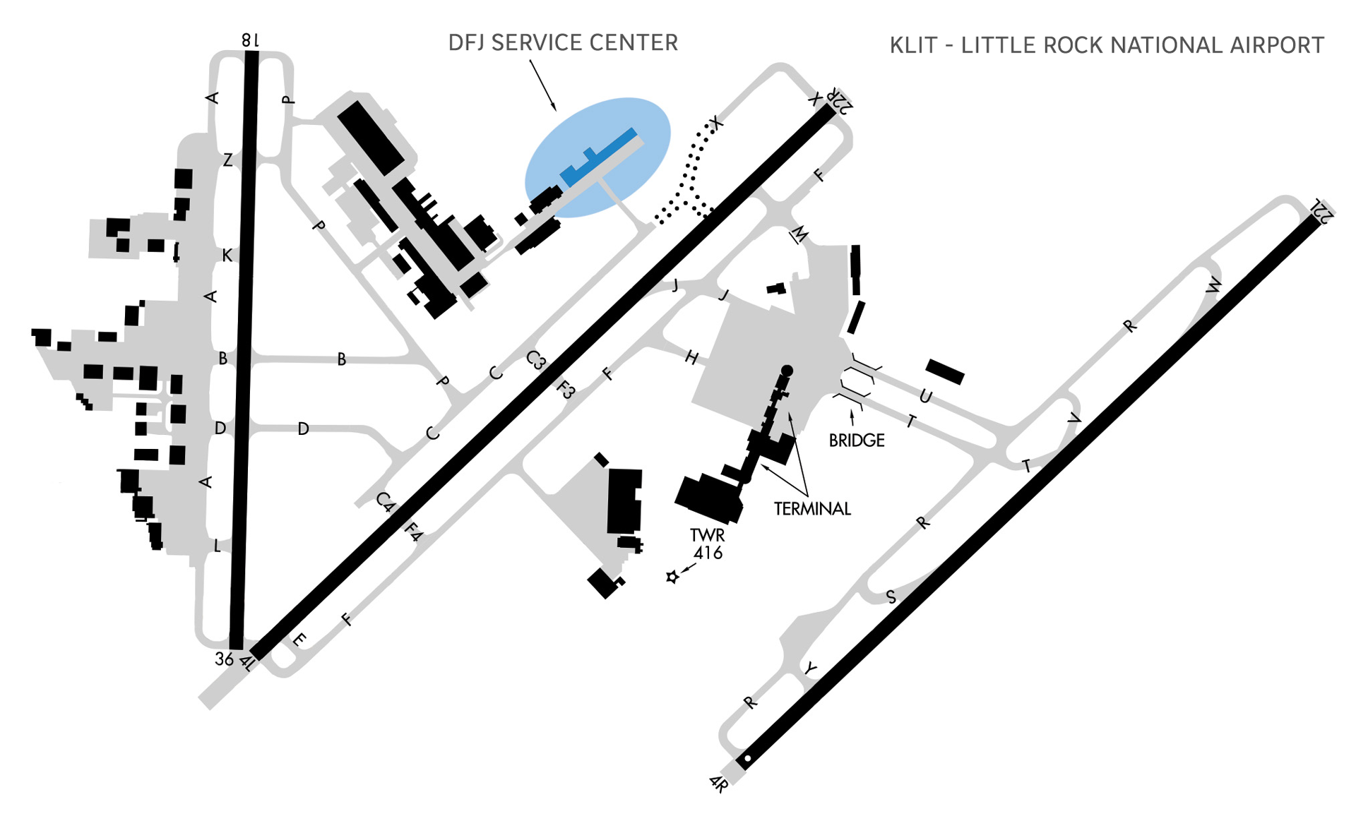 Little Rock national airport diagram edited to show the location of the Dassault Falcon Jet MRO facility.