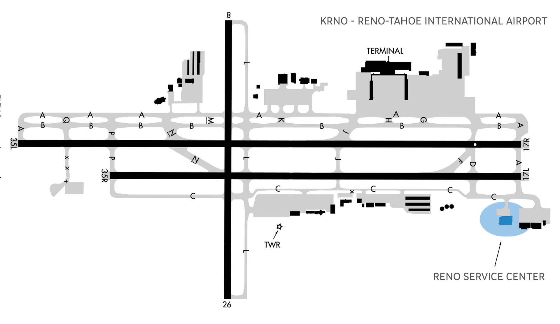Reno Tahoe international airport diagram edited to show the location of the Dassault Falcon Jet Reno MRO facility.