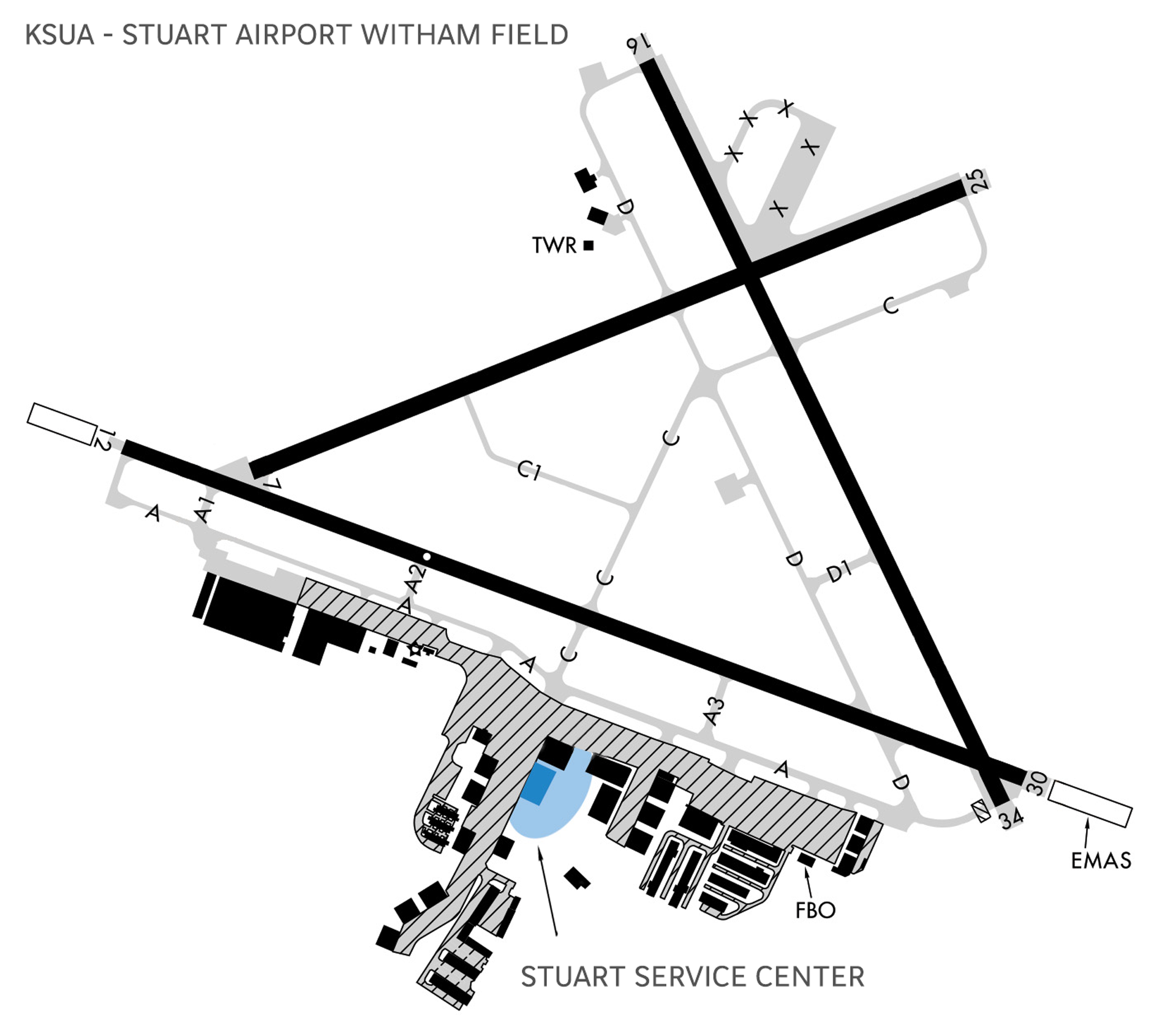 Witham field airport diagram edited to show the location of the Dassault Falcon Jet Stuart MRO facility.