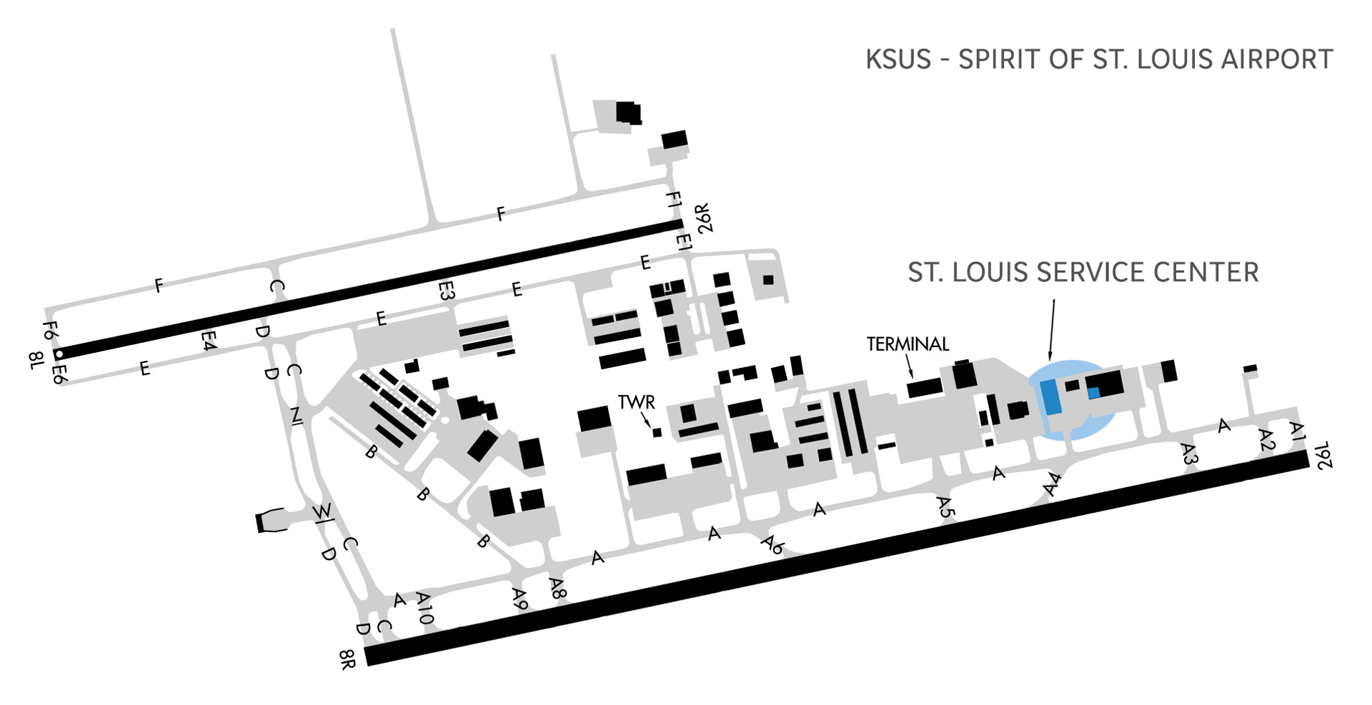 Spirit of saint louis airport diagram edited to show the location of the Dassault Falcon Jet Saint louis MRO facility.