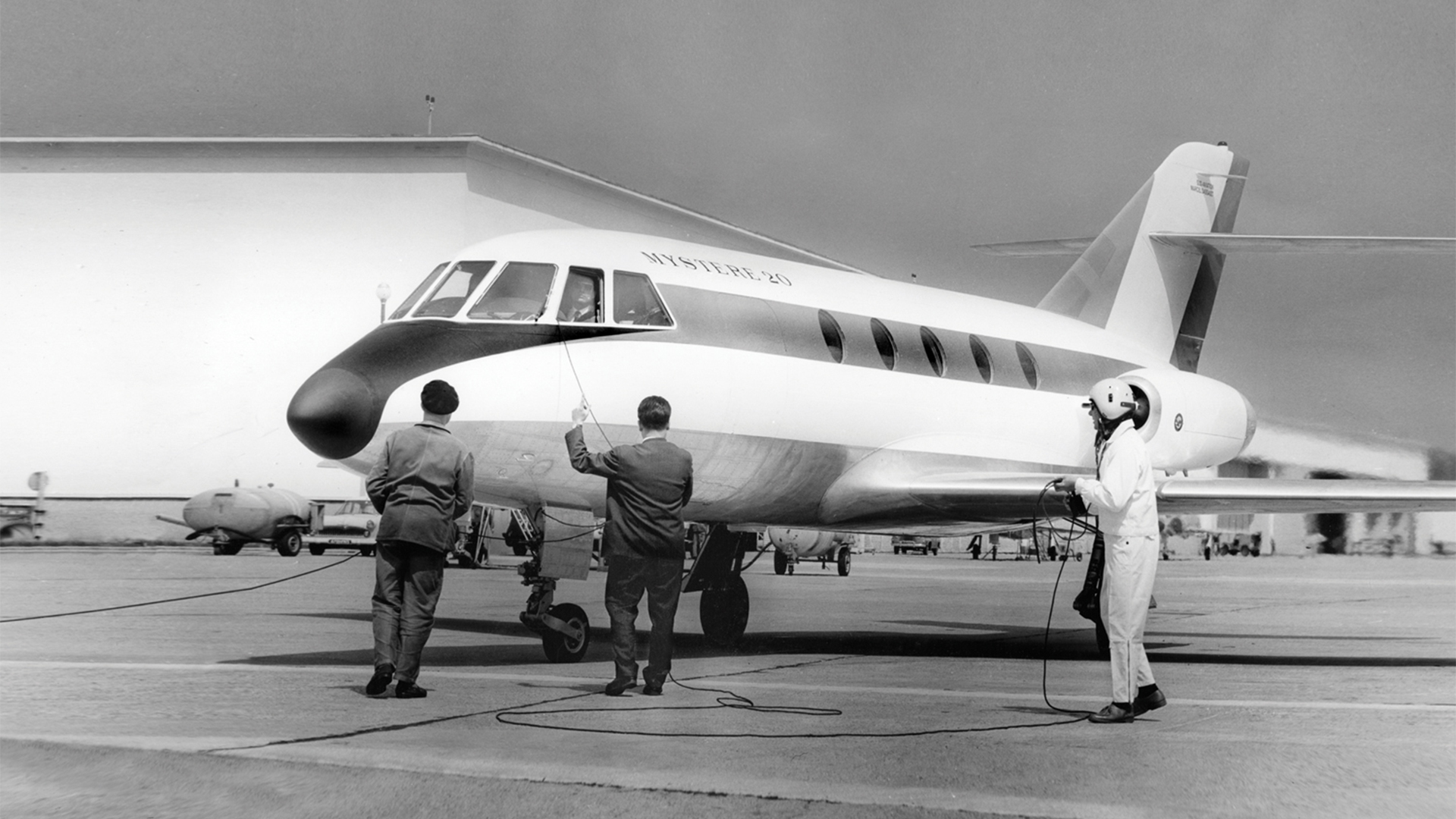 Black and white image of the first Mystere 20 from 1963.