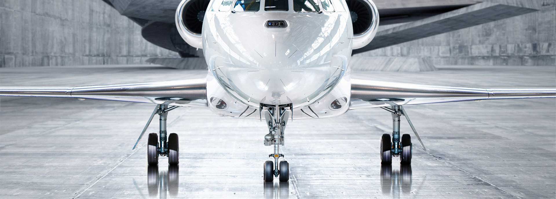 Falcon 900 facing forward with close-up of landing gear.