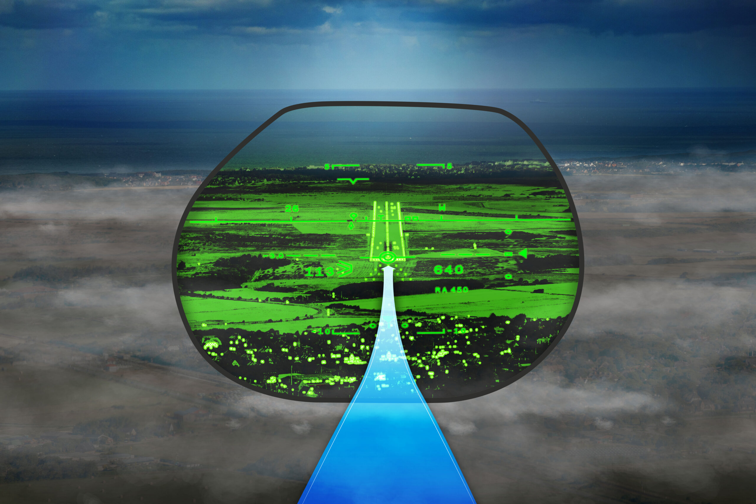 View from the cockpit showing the ground detail the pilot would not be able to see below the cloud cover without FalconEye.