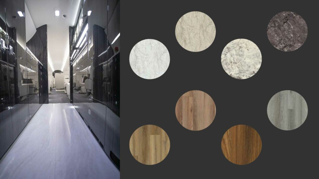Business jet interior with stone flooring installed in the galley. sample flloring styles are shown to the right.