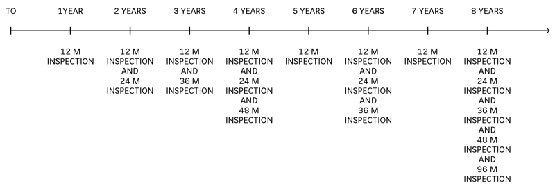 Graphic depiction of the Falcon 6X calendar inspection schedule over 8 years.